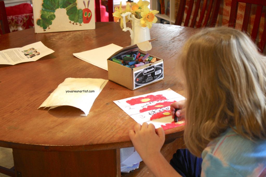 In this art lesson, Nana's granddaughter teaches her how to draw a caterpillar with chalk pastels in the style of Eric Carle's Very Hungry Caterpillar. 