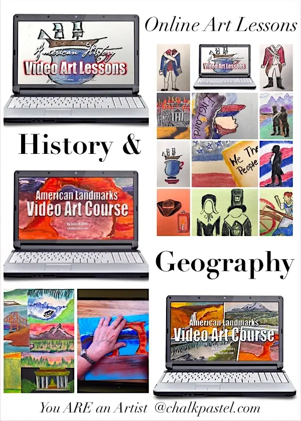 Two sets American history art lessons together for one low price! With your chalk pastels at the ready, let’s take a tour of American Landmarks AND paint American history from sea to shining sea! It's American history and geography art lessons all rolled up together for a marvelous learning experience. Two sets of art courses and 24 total history and geography art lessons!