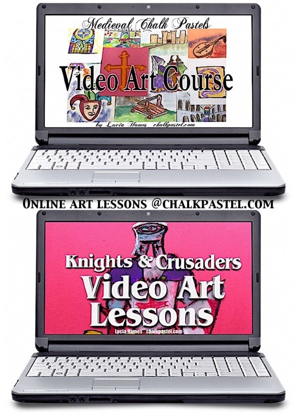 Two sets of middle ages video art lessons together! With your chalk pastels at the ready, let’s take a tour of medieval history plus knights and crusaders!