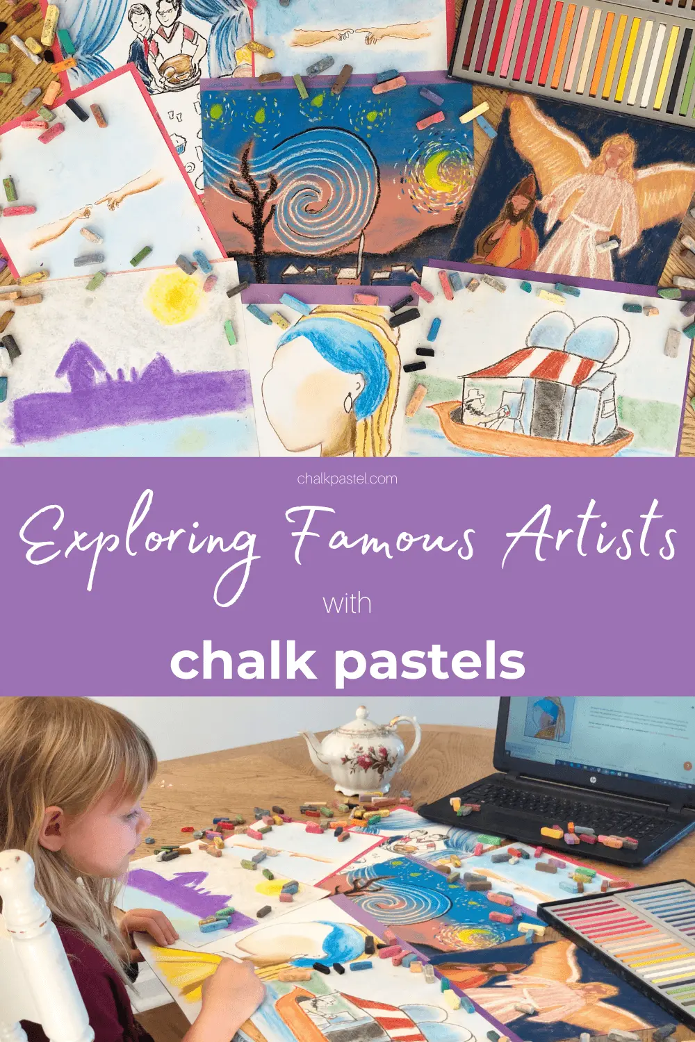 Exploring Famous Artists with Chalk Pastels: Exploring famous artists with your kids has never been easier! Now you can expose your children to the glory and wonder of master artists like da Vinci, Michelangelo, Monet, Rembrandt, Vermeer, and so many more with chalk pastels! #famousartistsforkids #famousartists #chalkpastels #masterartists #homeschool