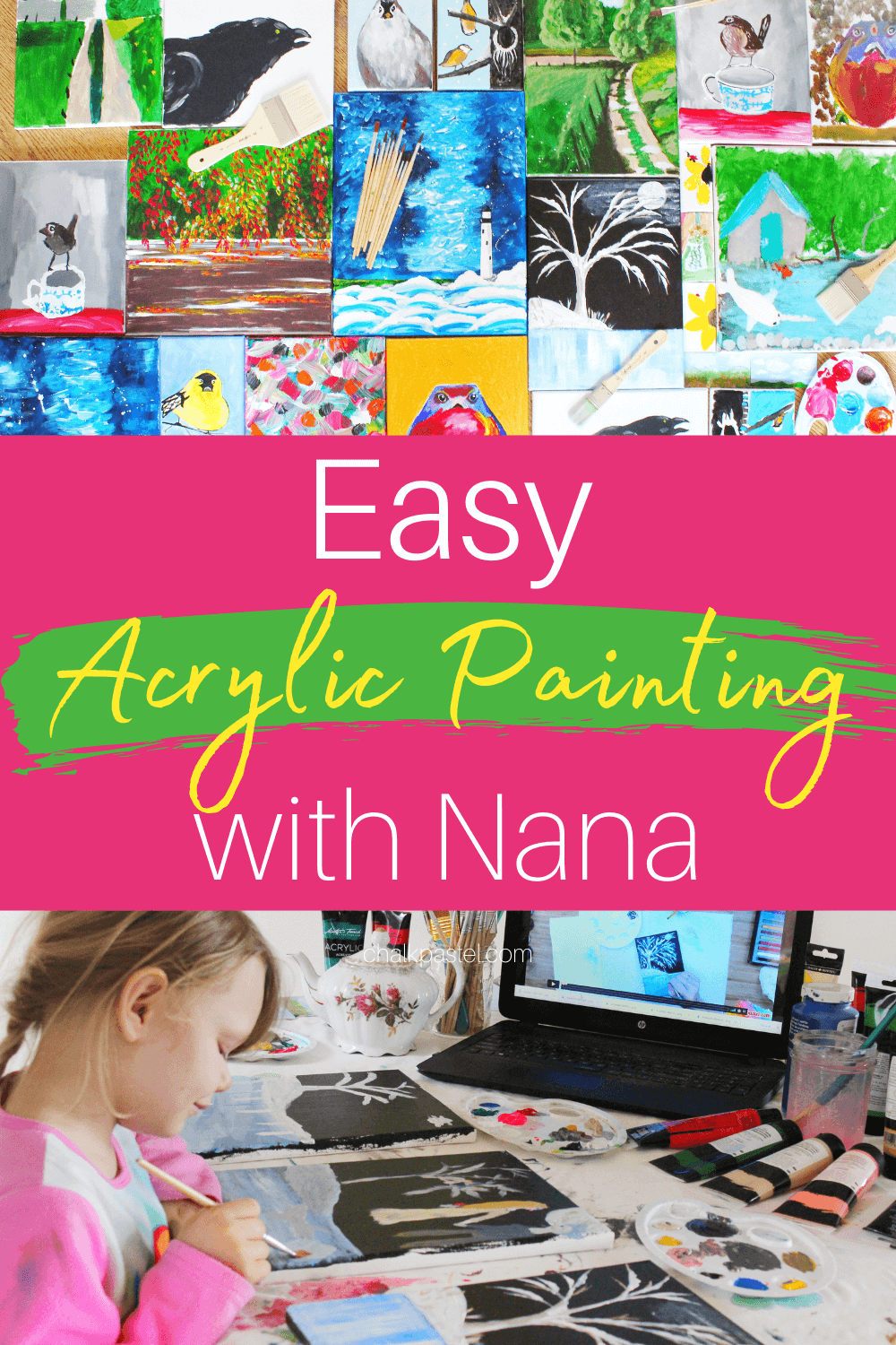 Easy Acrylic Painting with Nana - Let Nana help you as you embark on this easy acrylic painting journey. Learn some simple tips about color, and brush strokes. It's easier than you might expect! #easybeginneracrylics #easypaintinglessonsforkids #paintingideas #acrylicpainting #easybeginneracrylics #easyacrylicpainting #acrylicpaintingideas #simpleacrylicpaintings #acrylicartlessons #acrylicswithNana #easyacrylicpaintingwithNana #acrylicpaintlessons