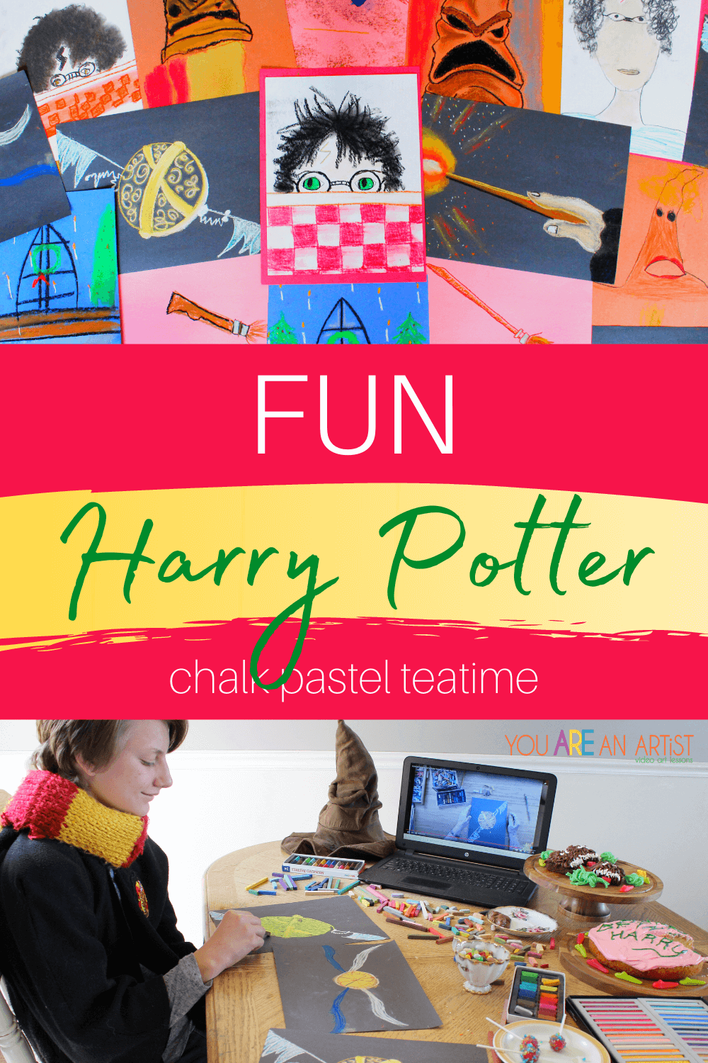 Fun Harry Potter Chalk Pastel Teatime: Check out this fun Harry Potter chalk pastel teatime that even muggles will love! You'll find magical art lessons that everyone in the family will enjoy. You don't have to have a magic wand or spellbook. All you need is a simple set of chalk pastels, a pack of construction paper, and the teatime treats of your choice to bring the magic of art and Harry Potter into your home! #HarryPotter #HarryPotterart #HarryPotterartforkids #HarryPotterchalkpastels #HarryPotterchalkpastelteatime #chalkpastelteatime #chalkpastelatthemovies #videoartlessons #YouAREAnArtistClubhouseMembership #YouAREAnArtist