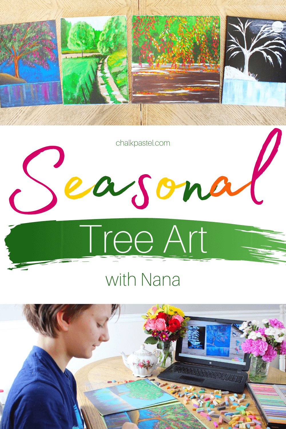 Seasonal Tree Art with Nana: Easy seasonal tree art with Nana is a perfect way to celebrate the four seasons or add to your next tree nature study! Spring, summer, fall and winter are all represented in a mix of chalk pastel and acrylic paintings. These lessons are perfect for kids and adults alike. So sit back, and let Nana guide you through the four seasons with trees. #fourseasonstreeart #fourseasonsnaturetreeart #treechalkpastel #springtreeartforkids #summertreeartforkids #falltreeartforkids #wintertreeartforkids #seasonaltreeartforkids #simplepaintedtreeart #easytreeartforkids