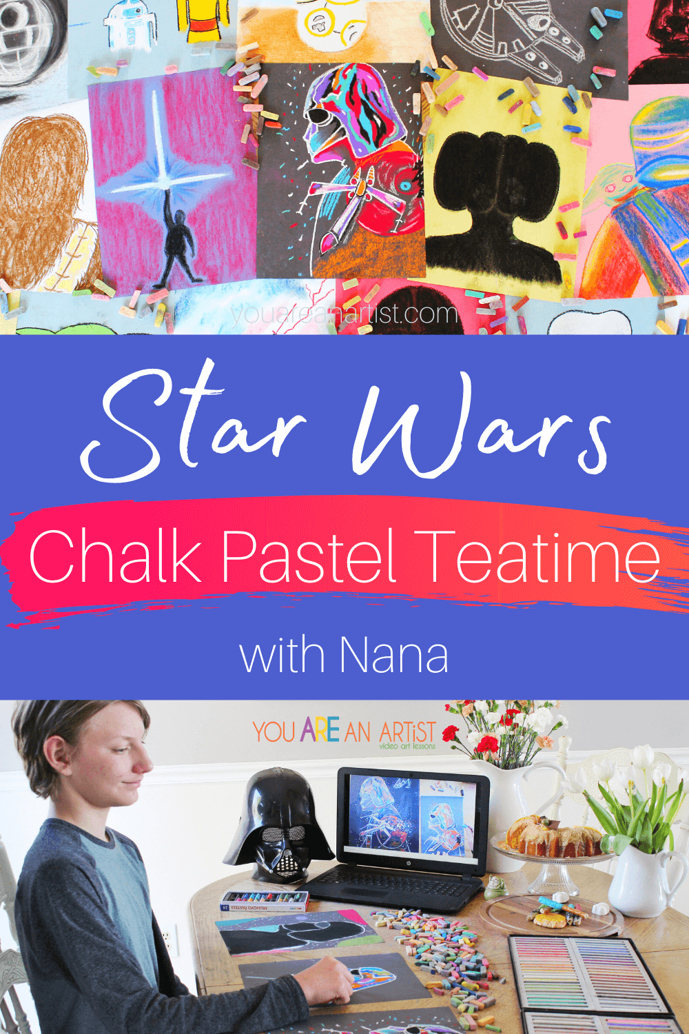 Star Wars Chalk Pastel Teatime with Nana: This fun Star Wars chalk pastel teatime with Nana is the perfect way to celebrate your kiddo's love for all things Star Wars! The Star Wars-themed lessons are super easy to follow and are ideal for all ages. All you need is a simple set of chalk pastels, construction paper, and Nana's video art lessons! Add in some tasty treats, and you have a teatime even a Wookie would love! #Star Wars #Maythe4th #StarWarsartforkids #StarWarschalkpastels #StarWarschalkpastelteatime #StarWarschalkpastellessons #Chalkpastelsatthemovies #YouAReAnArtistClubhouse