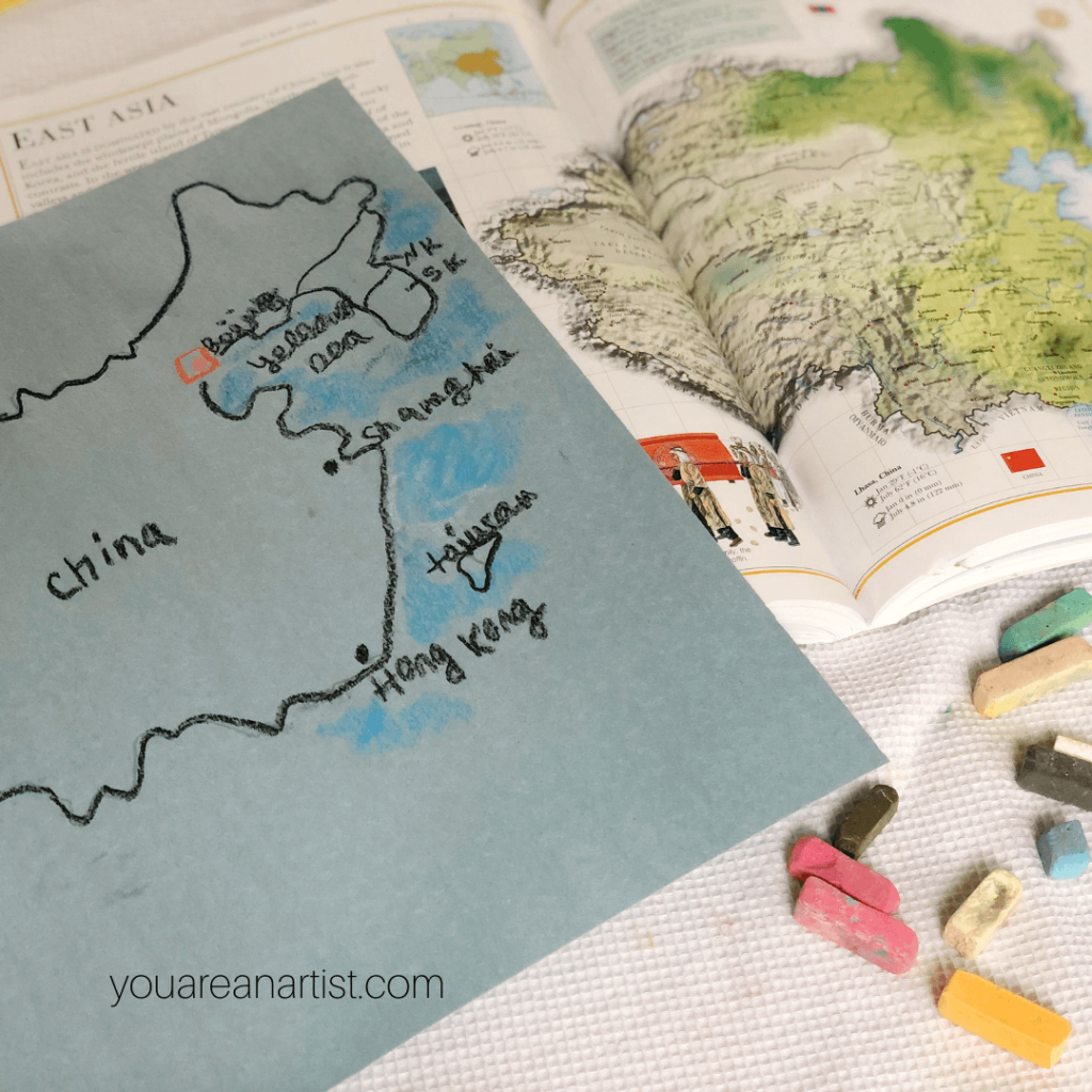Make a map of China with chalk pastels for homeschool geography - with Nana of You ARE an ARTiST!