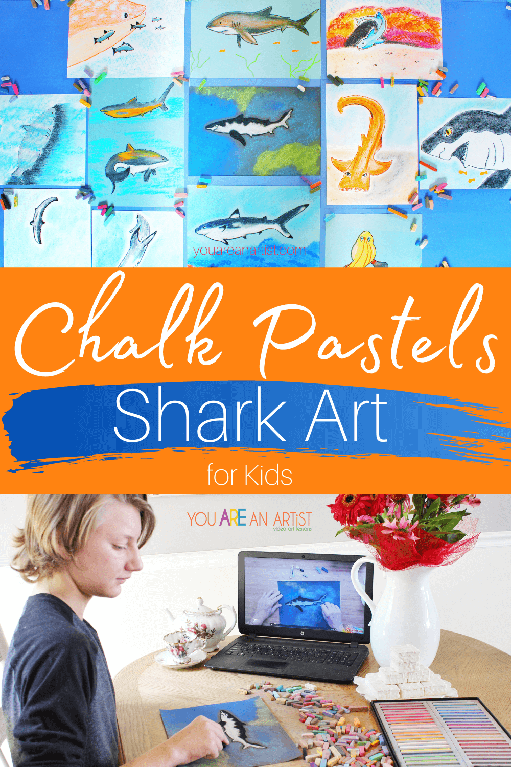 Chalk Pastels Shark Art for Kids: Do your kids love sharks? Are you getting ready for shark week? Then let Nana take you under the sea with chalk pastels shark art for kids! These easy lessons will teach you and your child how to draw some of the most interesting sharks using chalk pastels. #YouAREAnArtist #chalkpastels #sharkweek #chalkpastelssharkart #sharkart #sharkartforkids #chalkpastelssharkartforkids #sharkweek #sharks