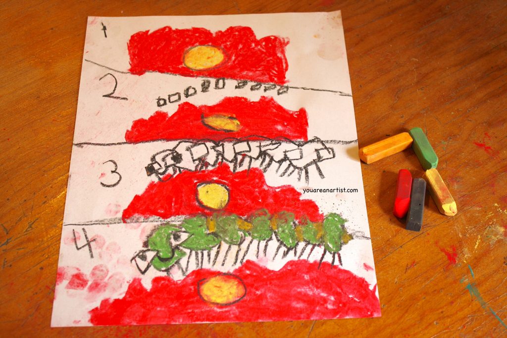 In this art lesson, Nana's granddaughter teaches her how to draw a caterpillar with chalk pastels in the style of Eric Carle's Very Hungry Caterpillar. 