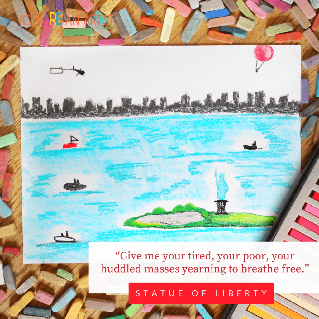 The Stature of Liberty in New York Harbor - Trekking American Landmarks with Chalk Pastels. 