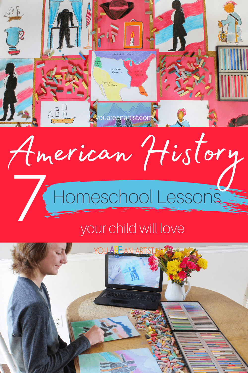 7 American History Homeschool Lessons Your Kids will Love: Are you looking for fun ways to incorporate American history homeschool lessons? Maybe you already have a history curriculum, but you're looking for ways to make it more hands-on and engaging. Chalk pastels may be just what you need to get your kids to fall in love with history!