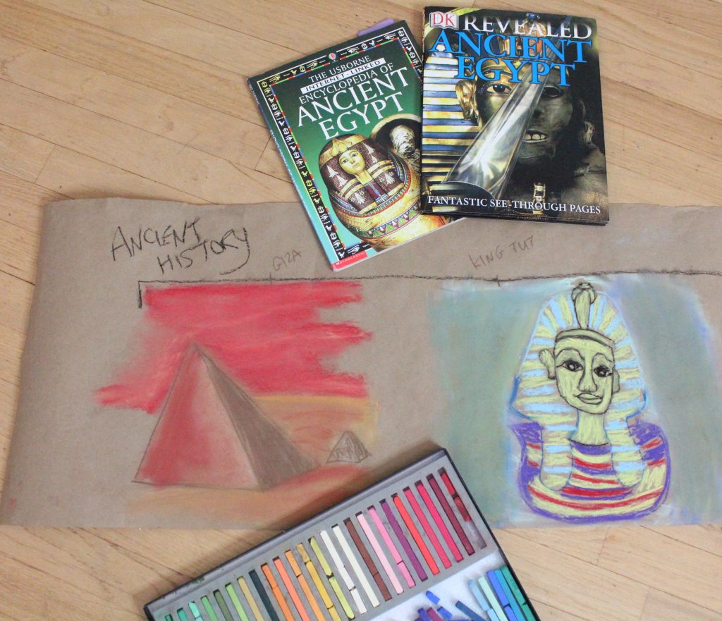 Chalk Pastels and drawings of pyramids and King Tut