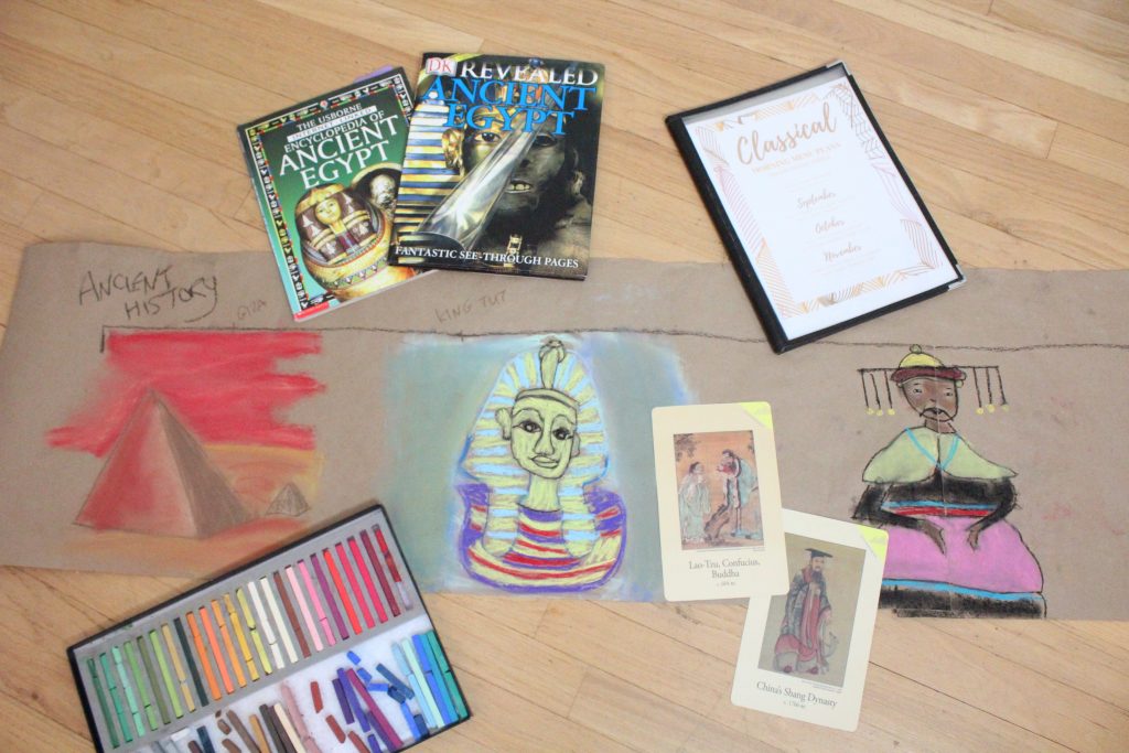 Books and chalk pastel drawings of Ancient Egypt