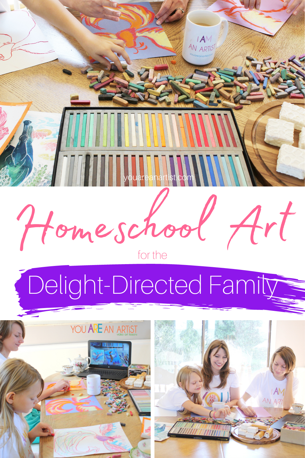 Homeschool Art for the Delight-Directed Family: Experience how a delight-directed family uses the power of art to enhance their child-led learning adventure! You don't have to be artistic or worry about a vast supply list. A simple starter set of chalk pastels, a pack of construction paper, and the You ARE An Artist chalk pastel video art lessons are all you need to get started. #YouAREAnArtist #chalkpastels #homeschoolart #delightdirected #delightdirectedhomeschoolart #delightdirectedfamily #childlededucation #unschooling #strewing #delight-directedhomeschooling 