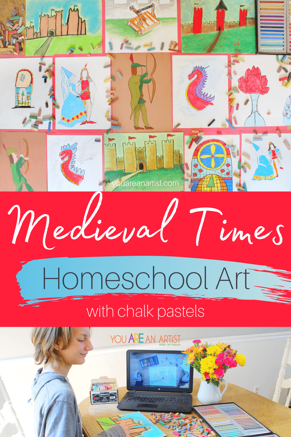Medieval Times Homeschool Art with Chalk Pastels: Learn about Medieval times with chalk pastel video art lessons! It's the perfect hands-on way to bring a bit of color and excitement to history. #medievalhistory #medievaltimes #medievaltimeshomeschool #medievaltimeshomeschoolart #medievalunitstudy #homeschoolart #chalkpastels #YouAREAnArtist 