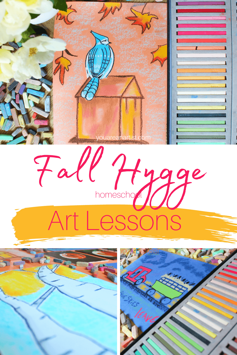 Fall Hygge Homeschool Art Lessons:Here are some super simple ideas on ways to create a fall hygge homeschool art lesson with items you may already have on hand or within easy reach. #fall #fallhygge #chalkpastels #homeschool #homeschoolartlessons 
