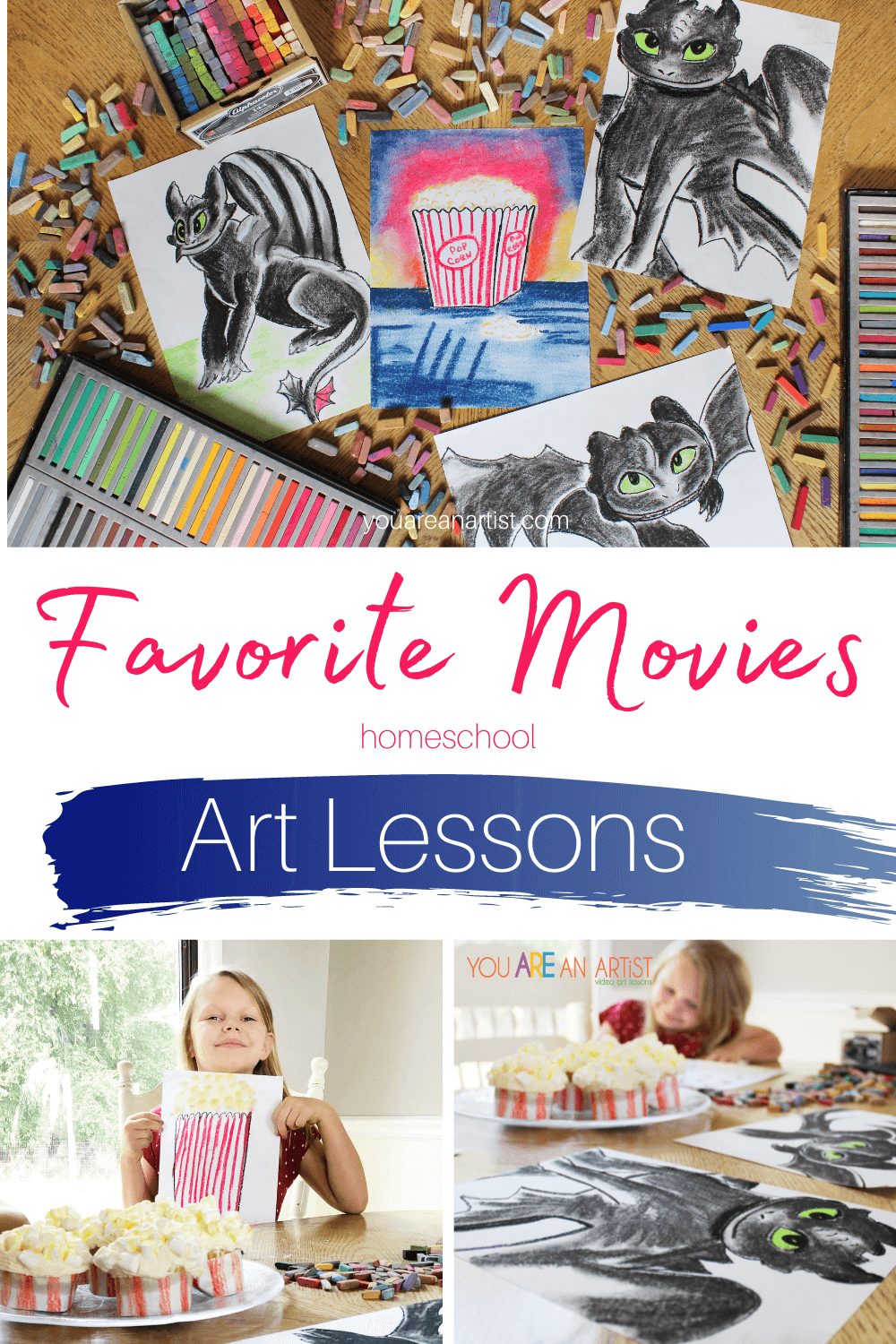 Favorite Movies Homeschool Art Lessons: Don't let family movie night become boring! Bring some excitement back with these chalk pastel art lessons. All you'll need is a pack of construction paper and a set of chalk pastels. So grab your favorite movie snacks or make some of your own and join Nana for some of your family's favorite movies. #familymovienight #chalkpastelartlessons #familymovienightartlessons #familymovieartlessons #favoritemovieshomeschoolartlessons #chalkpastelmovieartlesson #chalkpastelsatthemovies #artatthemovies 