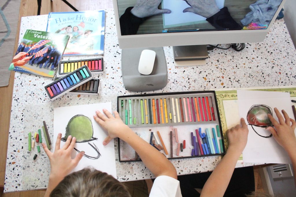 Painting military helmet with an art lesson from You ARE an ARTiST in honor of Veterans Day
