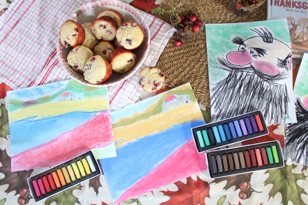 cranberry muffins, Mr. Whiskers art, cranberry bog art, chalk pastels and Cranberry Thanksgiving books study for your homeschool.