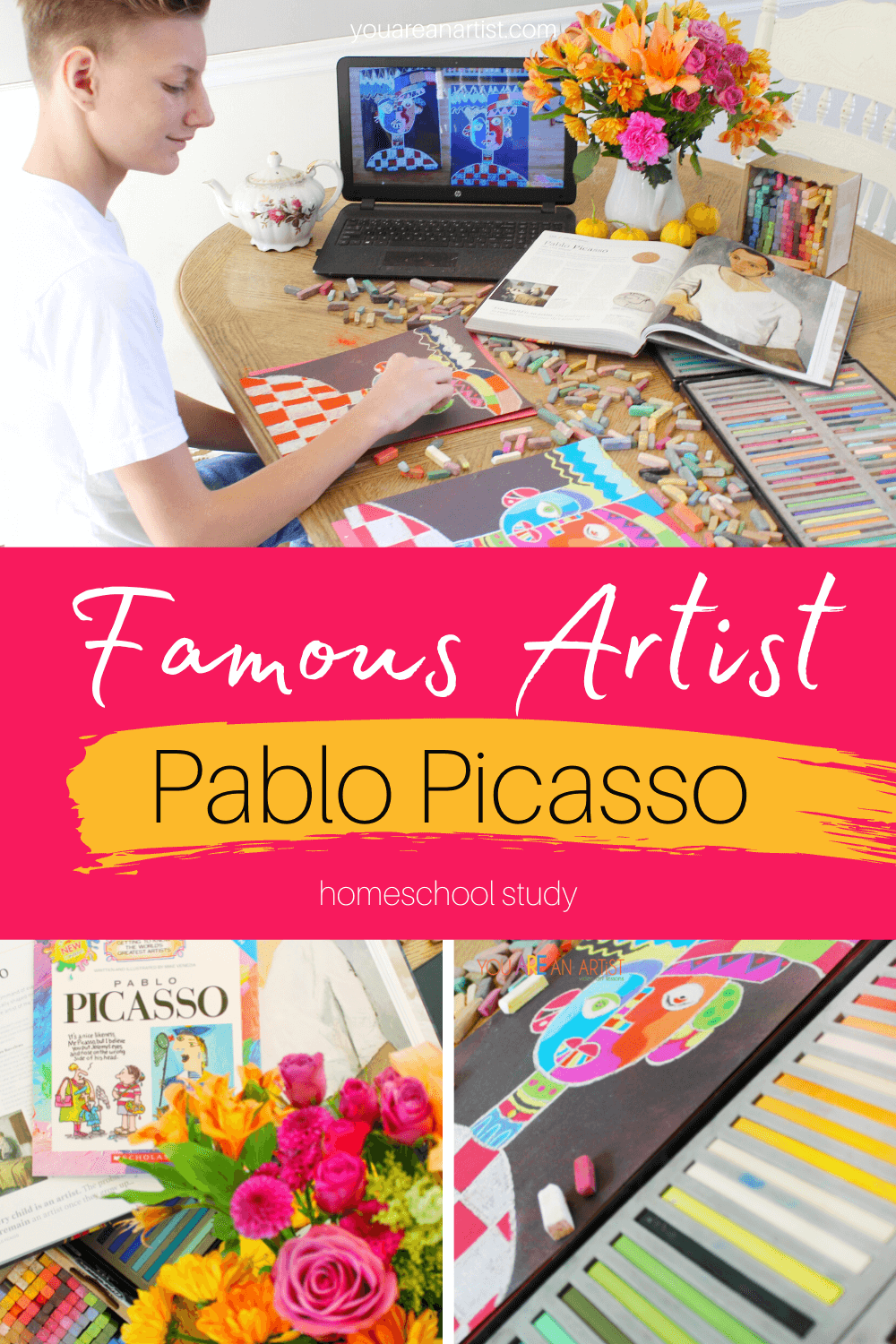Famous Artist Pablo Picasso Homeschool Study: This homeschool study has everything you need to learn more about artist Pablo Picasso, including a chance to create your own work of art! #artprojects #famousartistsonlineunitstudy #onlineunitstudy #arthistory #arteducation #modernart ##onlineartcourse #picasso #pablopicasso #youareanartist #chalkpastels #homeschoolart
