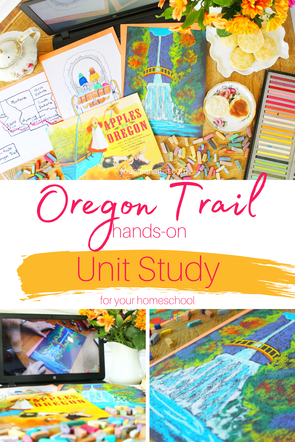 A Hands-On Oregon Trail Unit Study For Your Homeschool: You'll love these ideas for a hands-on Oregon Trail unit study for your kids. Homeschool history is much more enjoyable with books, art, maps, and more! #OregonTrail #OregonTrailunitstudy #OregonTraillessons #hands-onOregonTrail #homeschoolhistory #homeschool #chalkpastels #YouAREAnArtist