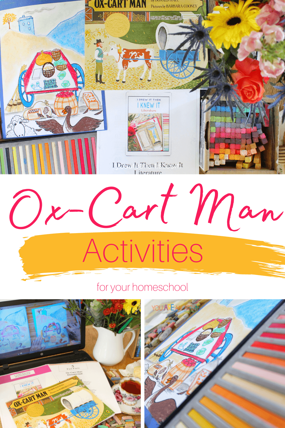 Ox-Cart Man Activities For Your Homeschool: Take a trip back to the 1800s with a New England farmer in the Ox-Cart Man. In a time when you wove your own clothes, whittled your own broom, and split your own shingles, this lyrical story takes you on a journey through the changing seasons. These activities are sure to bring the Ox-Cart Man to life! #chalkpastels #YouAREAnArtist #OxCartMan #OxCartManActivities #videoartlessons #homeschool #changingseasons #chalkpastelteatime 
