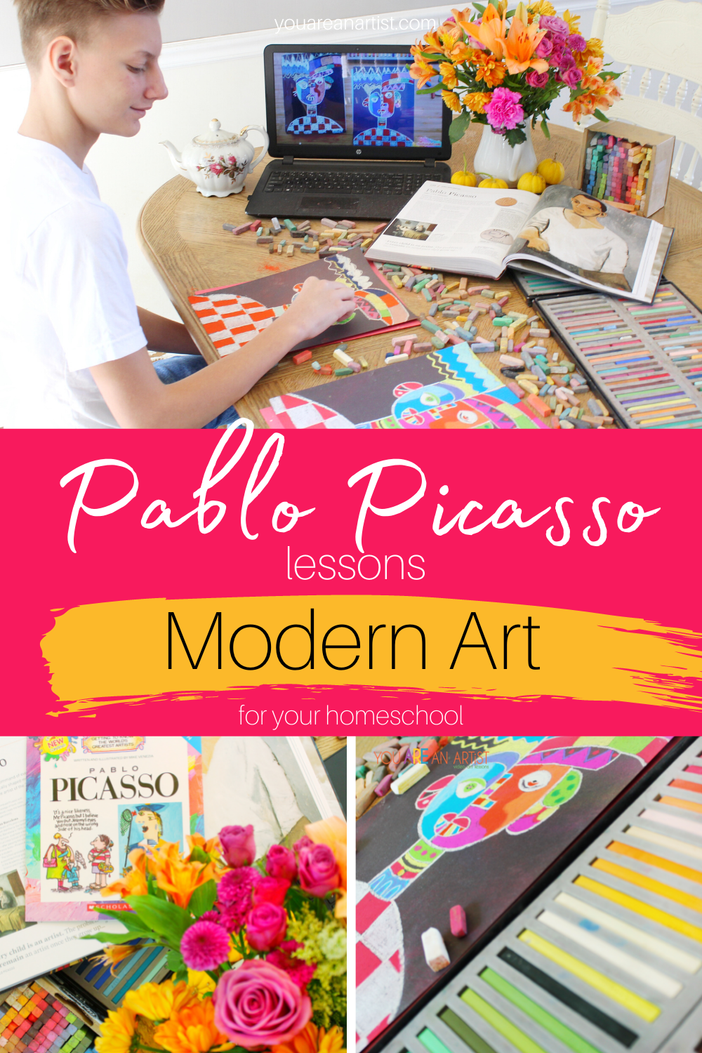 Famous Artist Pablo Picasso Homeschool Study: This homeschool study has everything you need to learn more about artist Pablo Picasso, including a chance to create your own work of art! #artprojects #famousartistsonlineunitstudy #onlineunitstudy #arthistory #arteducation #modernart ##onlineartcourse #picasso #pablopicasso #youareanartist #chalkpastels #homeschoolart