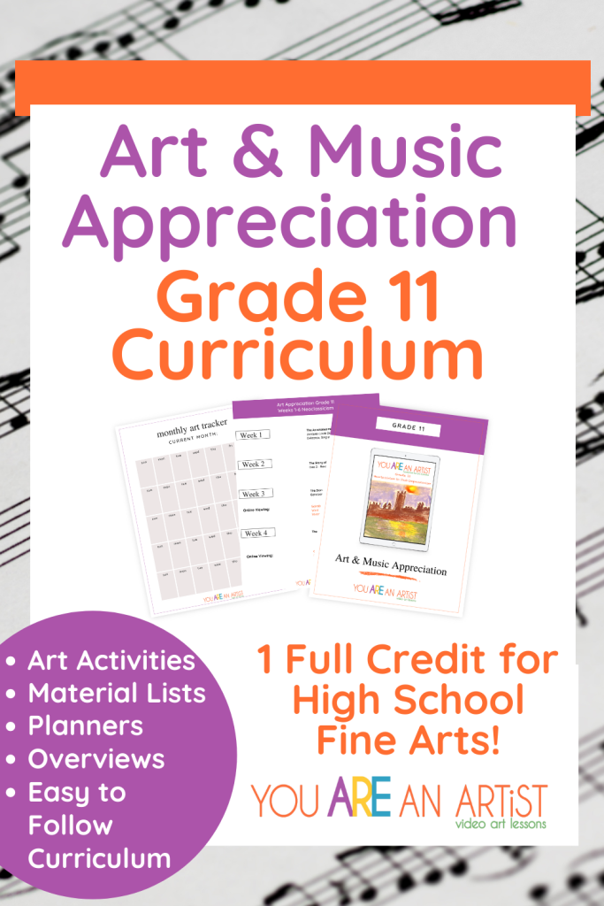 This grade 11 high school homeschool fine arts curriculum includes art activities, materials lists, planners, books lists and more.
