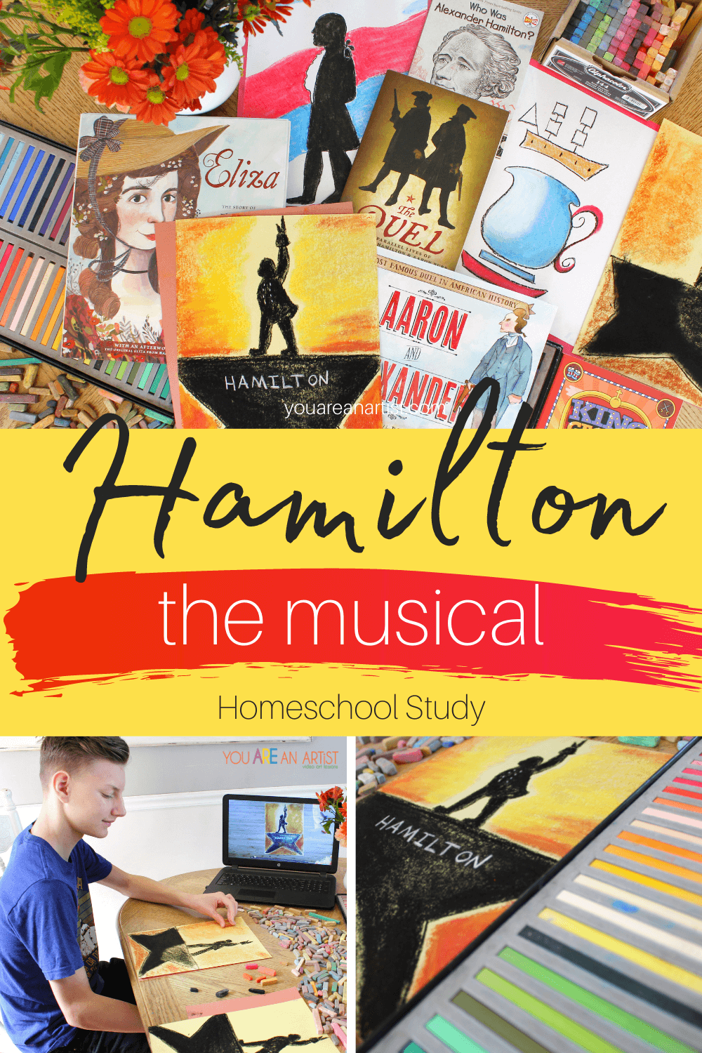 Hamilton The Musical Homeschool Study:Are you looking for ways to bring the revolutionary war to life? Do your older kids love music? Did you know you could combine the two with books and chalk pastel art to provide a hands-on learning experience? Use these ideas to create your own Hamilton the musical homeschool study! #Hamiltonthemusical #Hamilton #AlexanderHamilton #revolutionarywar #chalkpastelart #homeschool #unitstudy 