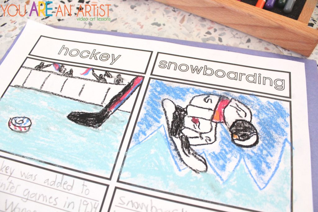 Hockey and snowboarding winter games art lessons