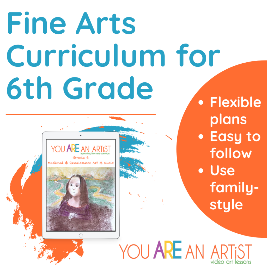 Homeschool Fine arts and music appreciation program for grade six has it covered. Leonardo, Raphael, Botticelli, Michelangelo, and more are all planned out for you to view and discuss with your whole family. Do you want to listen to a little Vivaldi, Bach, Handel, Mozart, and a few more composers during your school year? The homeschool plan is all outlined for you. You will have the freedom and flexibility to use You ARE an ARTiST Homeschool Fine Arts for your whole family and at a pace that suits your lifestyle.