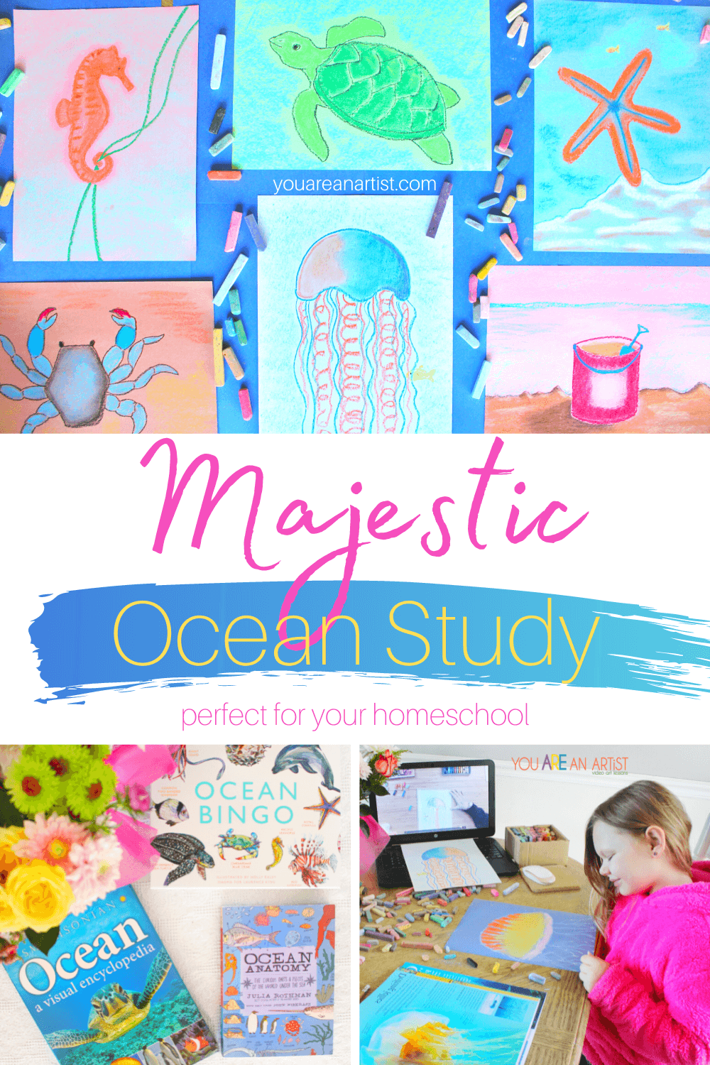 A Majestic Ocean Study Perfect For Your Homeschool: Take your kids on an ocean study under the sea and up on shore with a combination of books and art to spark the imagination! #oceanstudy #naturestudy #seashoreart #oceanography #homeschool #youareanartist