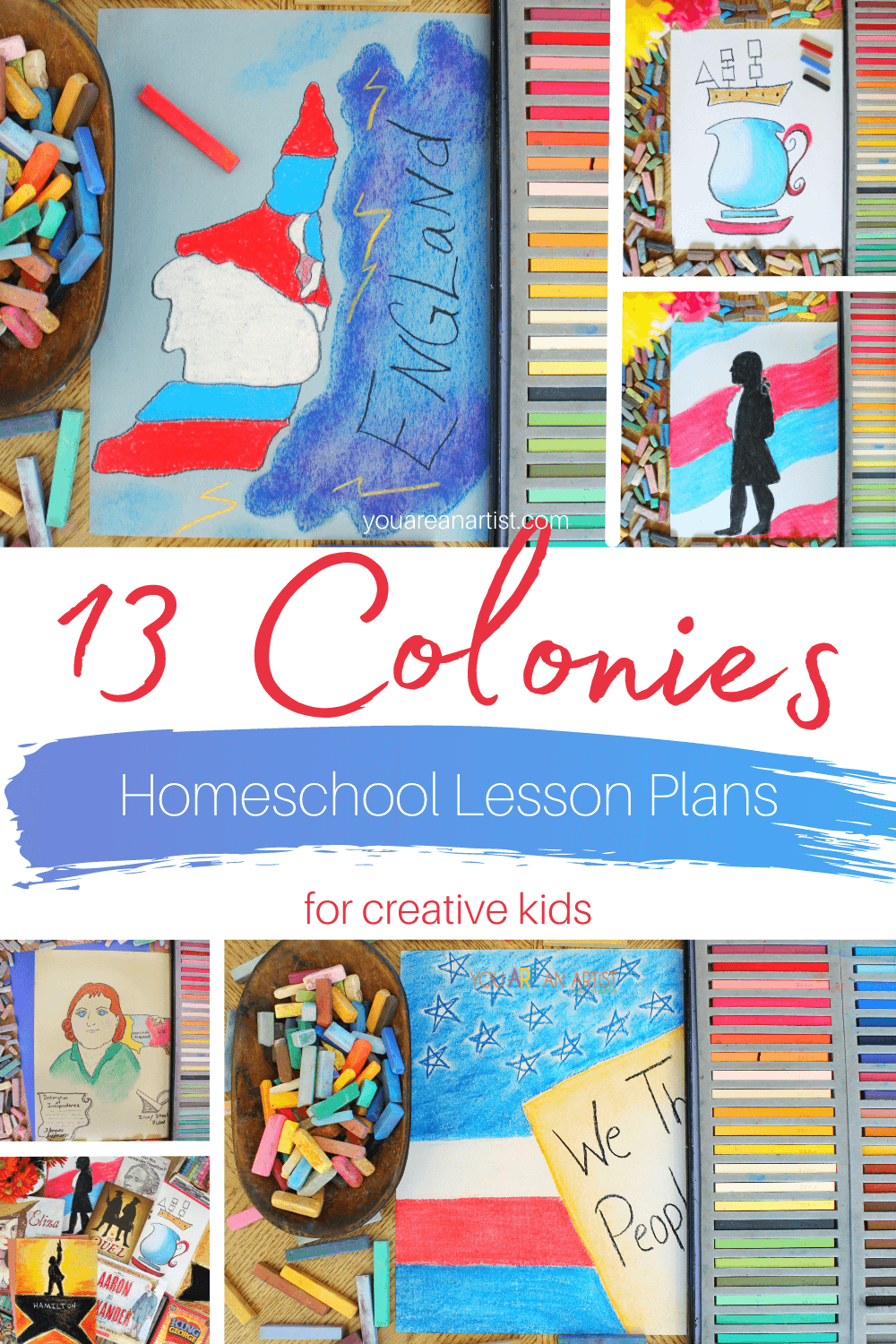 13 Colonies Lesson Plans For Creative Kids: Are your students learning about the 13 Colonies? Why not add Nana's wonderful chalk pastels as a colorful and artistic project to help solidify their knowledge? All you need is a simple starter set of chalk pastels, a pack of construction paper, and Nana's video art lessons! #YouAREAnArtist #ThirteenColonies #13Colonies #AmericanHistory #chalkpastels #USHistory