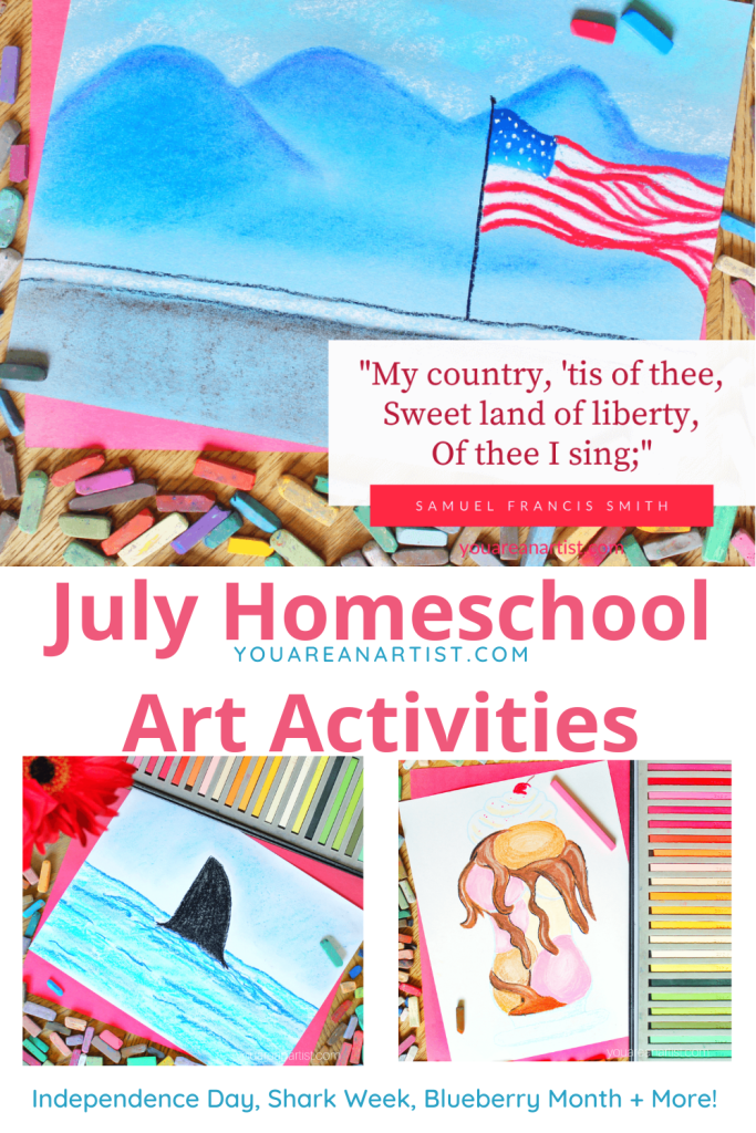 What a celebratory month July is! With these July homeschool art activities, you can celebrate Independence Day, Shark Week, blueberry month, famous authors birthdays, National Ice Cream Day, Moon Day and MORE!