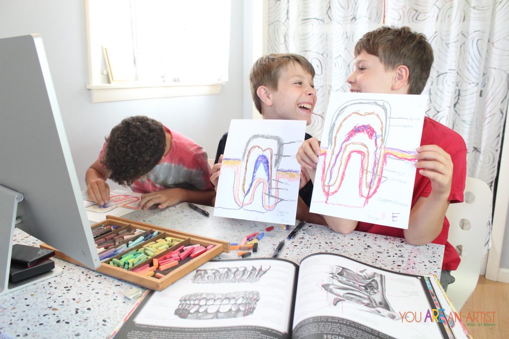 Nana’s video art lesson is a tooth diagram activity that highlights the many-colored wonder of these curious cuspids. Great homeschool science!