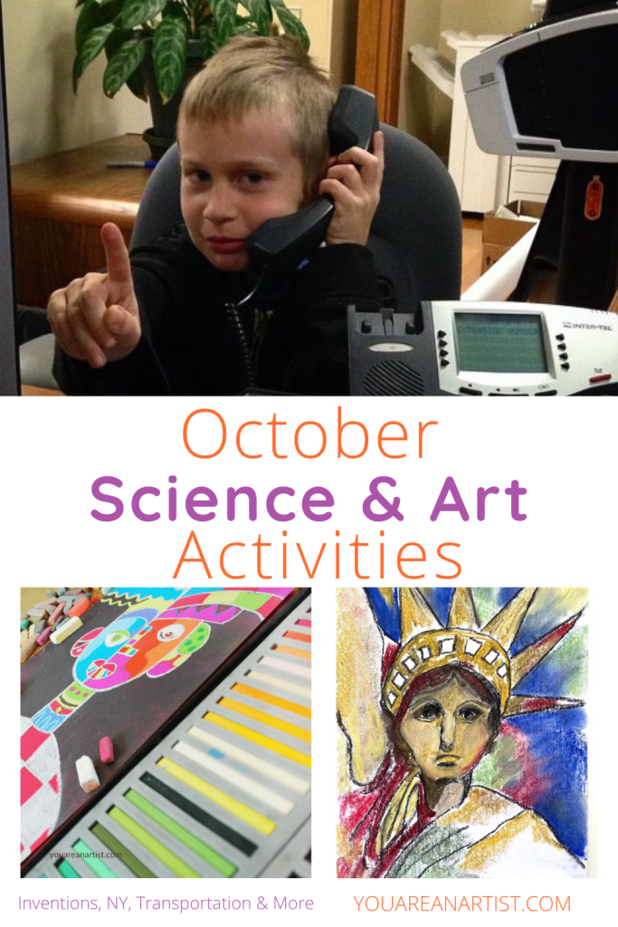 Grab your calendar, chalks, and science loving homeschoolers for these October Science and Art Activities! We are learning about radio voice messages, telegrams, incandescent lamps, automobiles, space race, and sound barriers. Plus Halloween activities.
