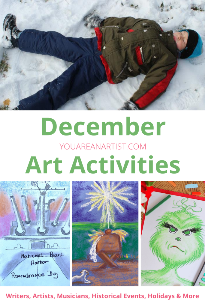 These December art activities have everything you need for holiday homeschooling. Includes online lessons and extension activities.