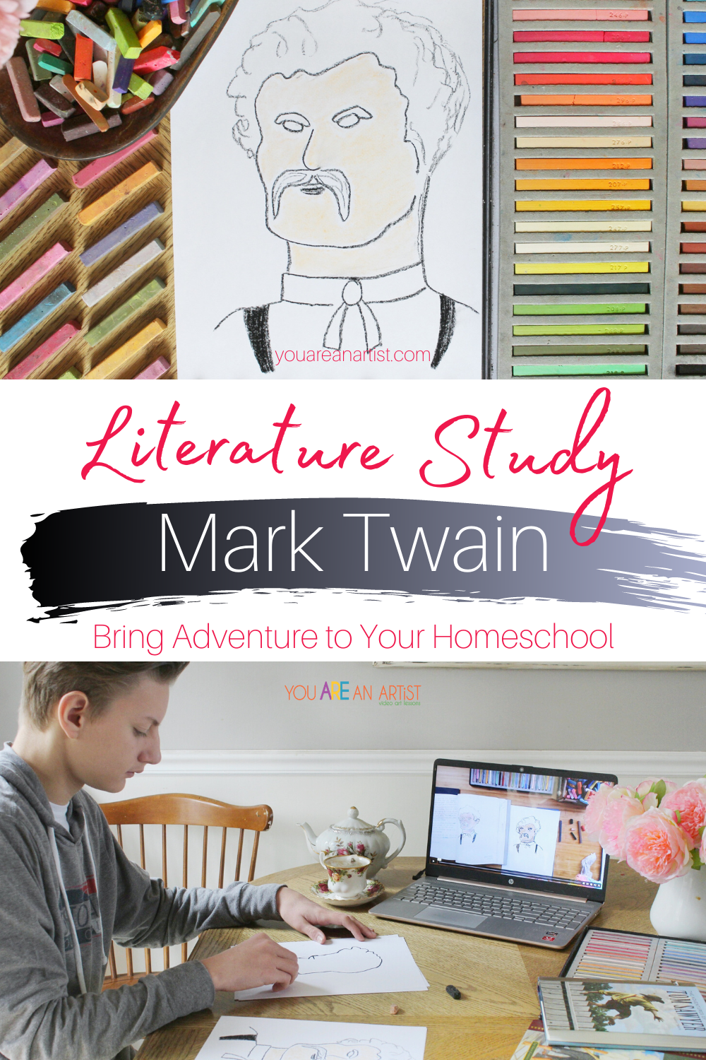 Mark Twain Literature Study: Bring Adventure To Your Homeschool - Are you doing a Mark Twain literature study in your homeschool? If you are reading any of Mark Twain's books then be sure to check out Nana's Mark Twain video art lesson! #YouAREAnArtist #chalkpastel #homeschoolart #MarkTwain #literaturestudy