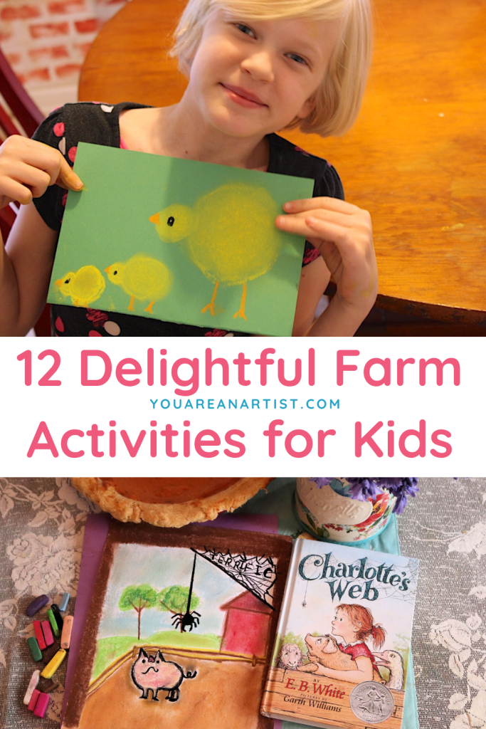 These 12 delightful farm art activities for kids include fluffy baby chicks, a tractor, a barn, ducklings, a lamb, a cow, a piglet and even the chicken life cycle. Such fun learning for your homeschool!