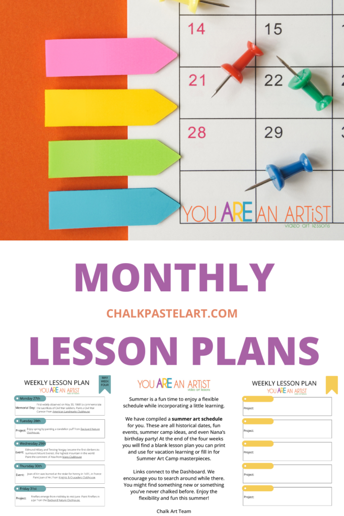 Monthly Art Lesson Plans! Our You ARE an ARTiST Clubhouse members enjoy lesson plans compiled. You can pick and choose from this summer art schedule. There are historical dates, fun events, Summer Art Camp ideas and even Nana's birthday party! There is also a blank planner page for you to use for vacation learning or to fill in for Summer Art Camp masterpieces.