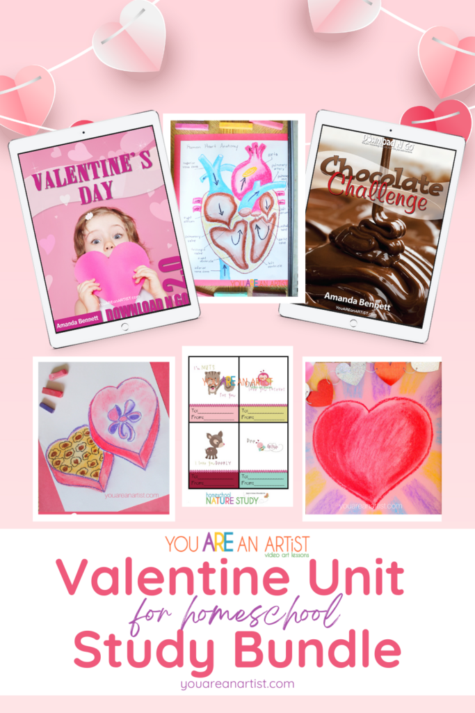 A unit study bundle with Valentine's Day and Chocolate Challenge Unit Studies plus printable valentines and our box of chocolate and two heart art lessons!