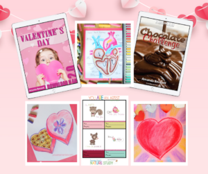 A unit study bundle with Valentine's Day and Chocolate Challenge Unit Studies plus printable valentines and our box of chocolate and two heart art lessons!